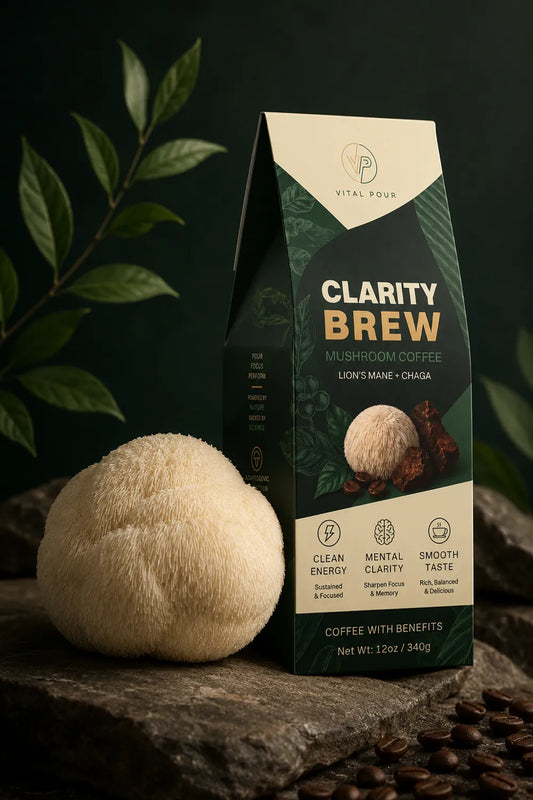 Vital Pour Clarity Brew mushroom coffee package beside a fresh lion's mane mushroom and coffee beans