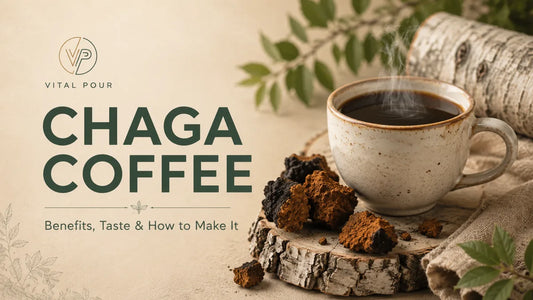 Chaga coffee in a mug beside raw chaga mushroom chunks on birch wood