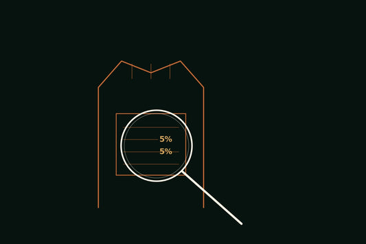 Copper line engraving of a magnifying glass held over a coffee bag label, revealing two disclosed 5% marks among otherwise plain label lines, on a deep forest background, apothecary ritual style
