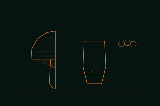 Copper line engraving of a mushroom cross-section beside an apothecary beaker with measurement ticks and a linked hexagon glucan-chain motif on a deep forest background