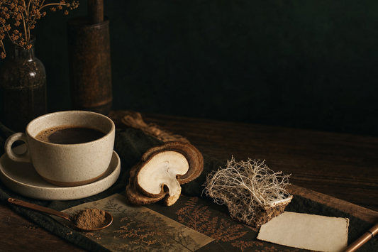 Cup of mushroom coffee with dried cordyceps and coffee beans on a dark table