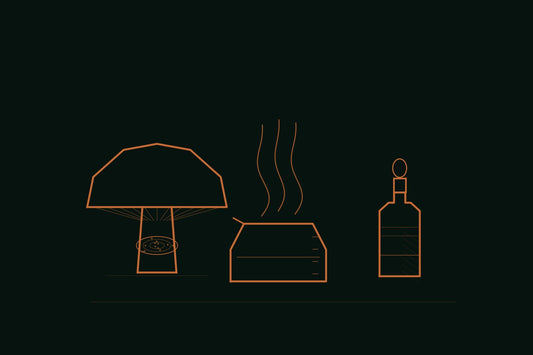 Copper line engraving of a mushroom cross-section beside a steaming vessel and an apothecary tincture bottle on a deep forest background