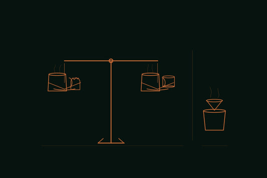 Copper line engraving of two mugs on a balance scale, one beside a torn instant packet and one beside a chai-spice tin, with a separate pour-over dripper standing apart, on a deep forest background, apothecary ritual style
