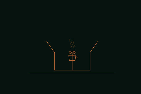 Copper line engraving of an open gift box with a small coffee cup and rising steam inside it, on a forest black background, in the style of an apothecary ritual still life