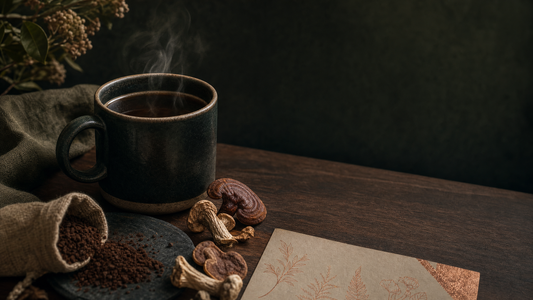 Steaming dark mug of mushroom coffee beside a burlap sack of ground coffee and dried functional mushrooms