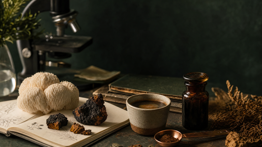 Lion's Mane and chaga beside a microscope, apothecary jar and a cup of coffee on a dark table