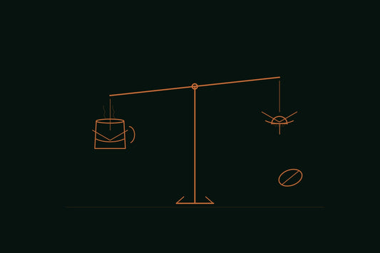 Copper line engraving of a balance scale weighing a coffee mug against a mushroom cap, with a coffee bean beside it, on a deep forest background, in the style of an apothecary ritual still life