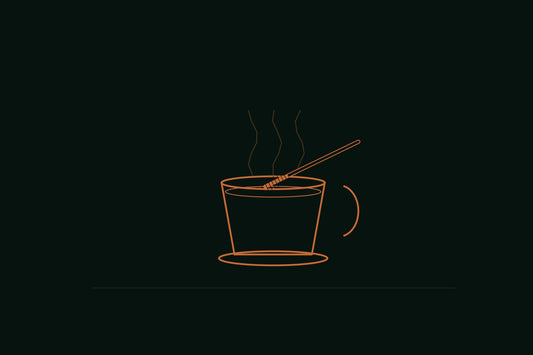 Copper line engraving of a coffee cup with a pH test strip resting across the rim, steam rising against a deep forest background
