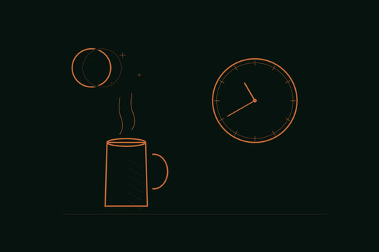 Copper line engraving of a coffee mug, clock, and crescent moon on a deep forest background