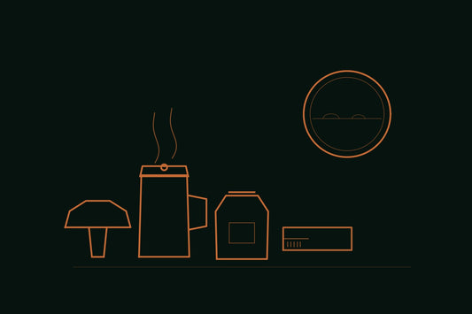 Copper line engraving of a travel mug, coffee pouch, boarding pass and airplane window with steam rising, on a deep forest background
