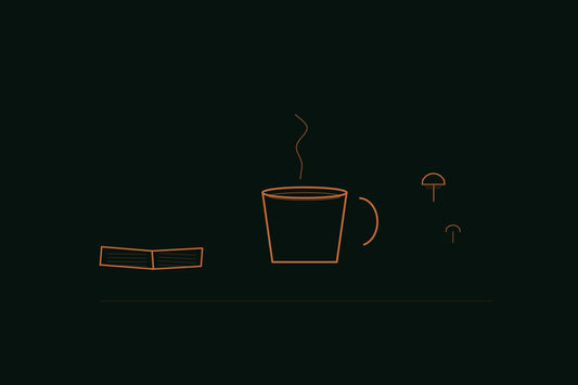 Copper line engraving of an open book beside a coffee cup and a small mushroom cap, on a deep forest background