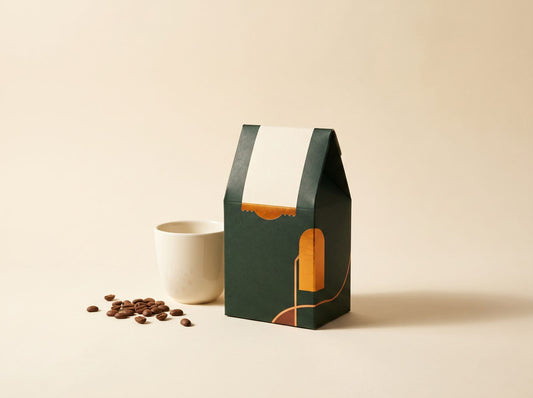 Dark green Vital Pour mushroom coffee package beside a ceramic cup and scattered roasted coffee beans on a warm ivory surface