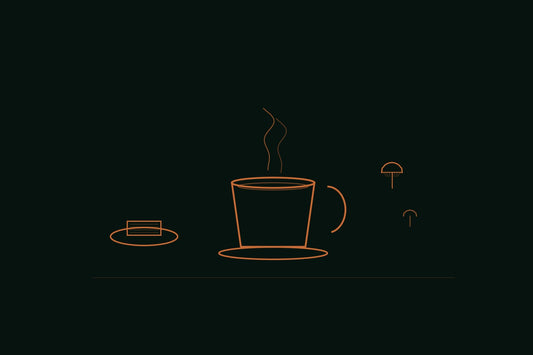 Copper line engraving of a coffee cup beside a pat of butter and a small mushroom cap, on a deep forest background