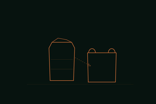 Copper line engraving of a standing coffee bag beside a plain tote bag, connected by a single straight motion line, no cycle arrows or calendar icons, on a forest black background