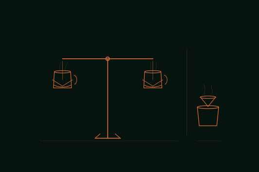 Copper line engraving of two identical coffee mugs balanced on opposite ends of a scale, with a separate pour-over dripper and cup standing apart from the scale, on a deep forest background, in the style of an apothecary ritual still life