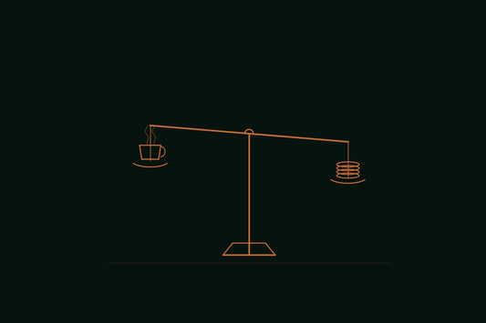 Copper line engraving of a balance scale with a small coffee cup on one side and a row of coin discs on the other, on a forest black background, in the style of an apothecary ritual still life