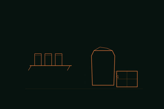 Copper line engraving of a store shelf holding three small tins on the left, a standing coffee bag beside a shipped parcel box connected by a single dashed motion line on the right, on a forest black background