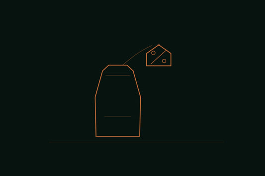 Copper line engraving of a standing coffee bag with a small percentage-sign price tag hanging from it, no barcode, no scissors, no ticket stub, on a forest black background