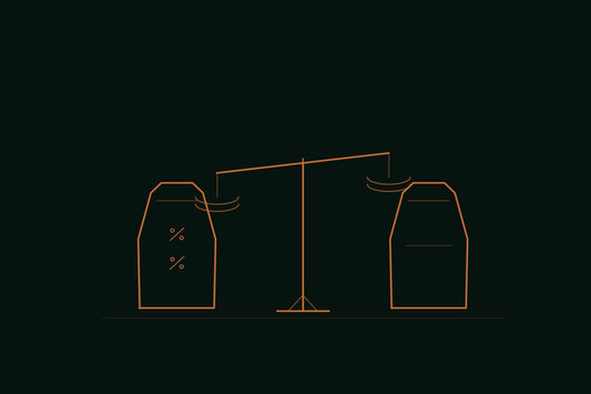 Copper line engraving of two coffee bags standing on either side of a balance scale, one bag labeled with two small percentage marks, the other plain, on a deep forest background, apothecary ritual style