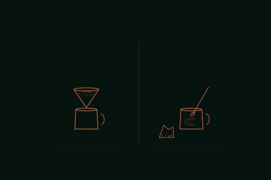 Copper line engraving split down the middle: a pour-over dripper feeding a mug of ground coffee on the left, a spoon stirring a mug beside a torn-open instant packet on the right, on a deep forest background, apothecary ritual style