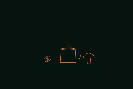 Copper line engraving of a coffee mug with steam rising, a coffee bean and a mushroom cap resting beside it, on a deep forest background, apothecary ritual style