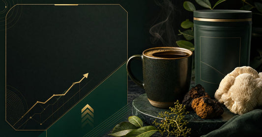 Functional coffee trend 2026 with mushroom coffee and gold accents