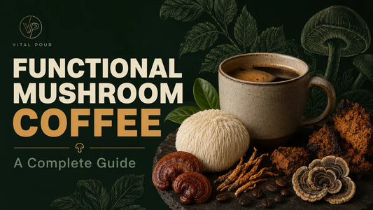 Functional mushroom coffee with lion's mane, chaga, reishi, cordyceps and turkey tail beside a cup
