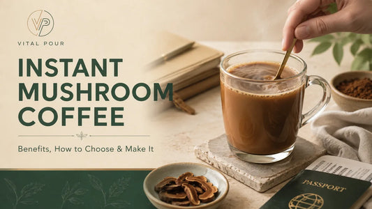 A mug of instant mushroom coffee being stirred on a kitchen counter