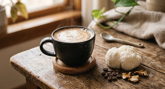 Lion's mane coffee in a cup on a wooden table beside a fresh lion's mane mushroom