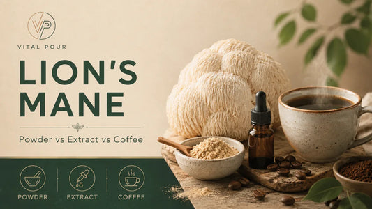 Lion's mane mushroom with powder, an extract dropper, and a cup of coffee