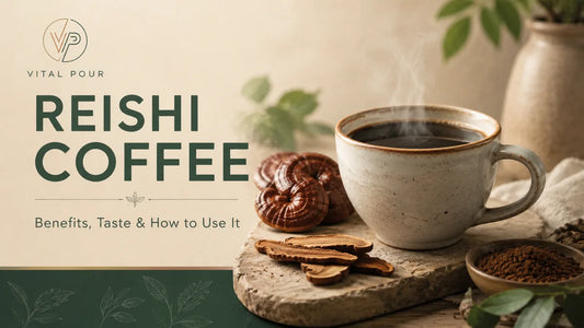 Reishi coffee in a mug beside dried reishi mushroom slices and coffee grounds