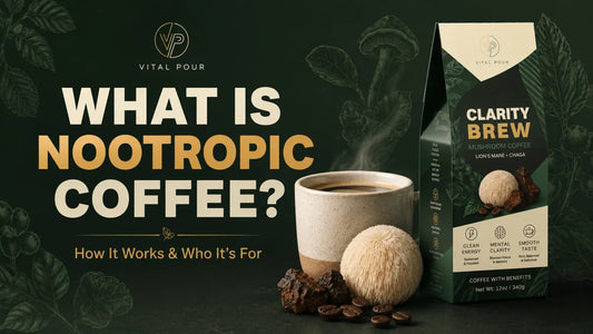 What is nootropic coffee, a cup beside Clarity Brew with lion's mane