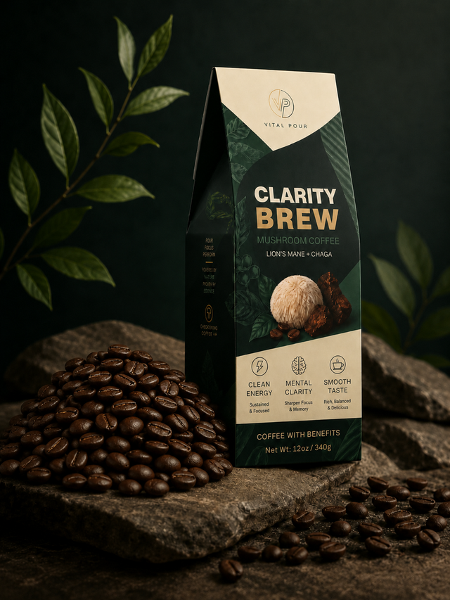 Roasted arabica beans beside Clarity Brew