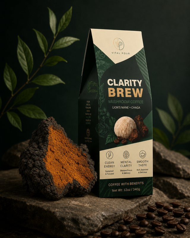 Chaga mushroom beside Clarity Brew