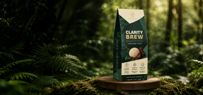 Clarity Brew mushroom coffee with Lion's Mane and Chaga on a mossy forest floor — Vital Pour